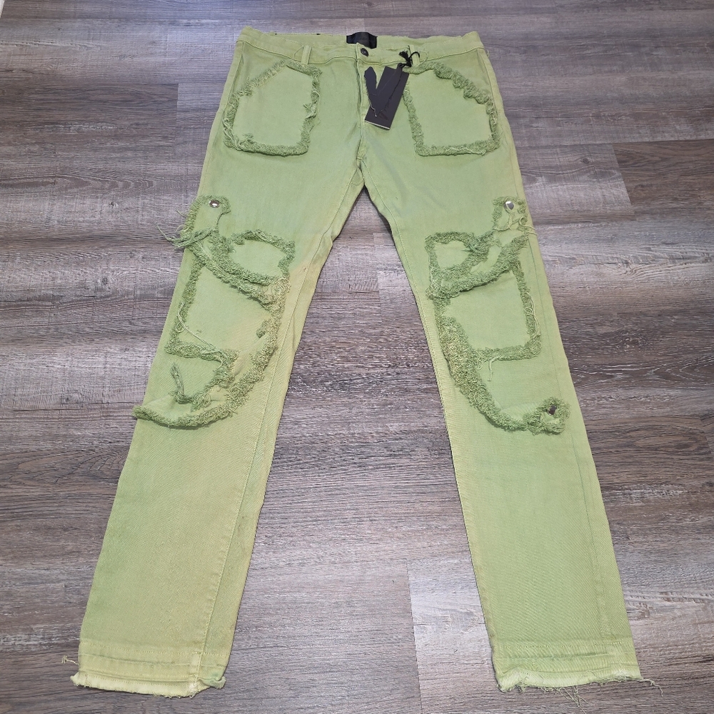 NWT Valabasas Lime Green Stacked Distressed Jeans Size 38